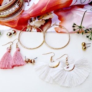 Tassels Studs Large Hoops Peachy Pink White